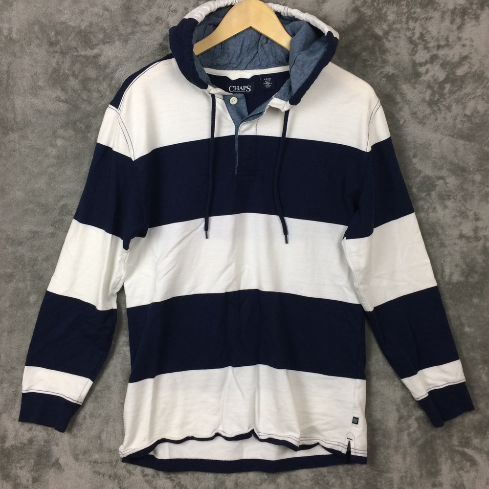 Chaps Shirt Mens S Navy White Striped Long Sleeve Rugby Pullover Hoodie